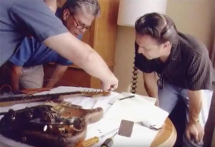 Richard McDonald and Jimmie Vaughan inspecting the “Number One” Stratocaster in 2003