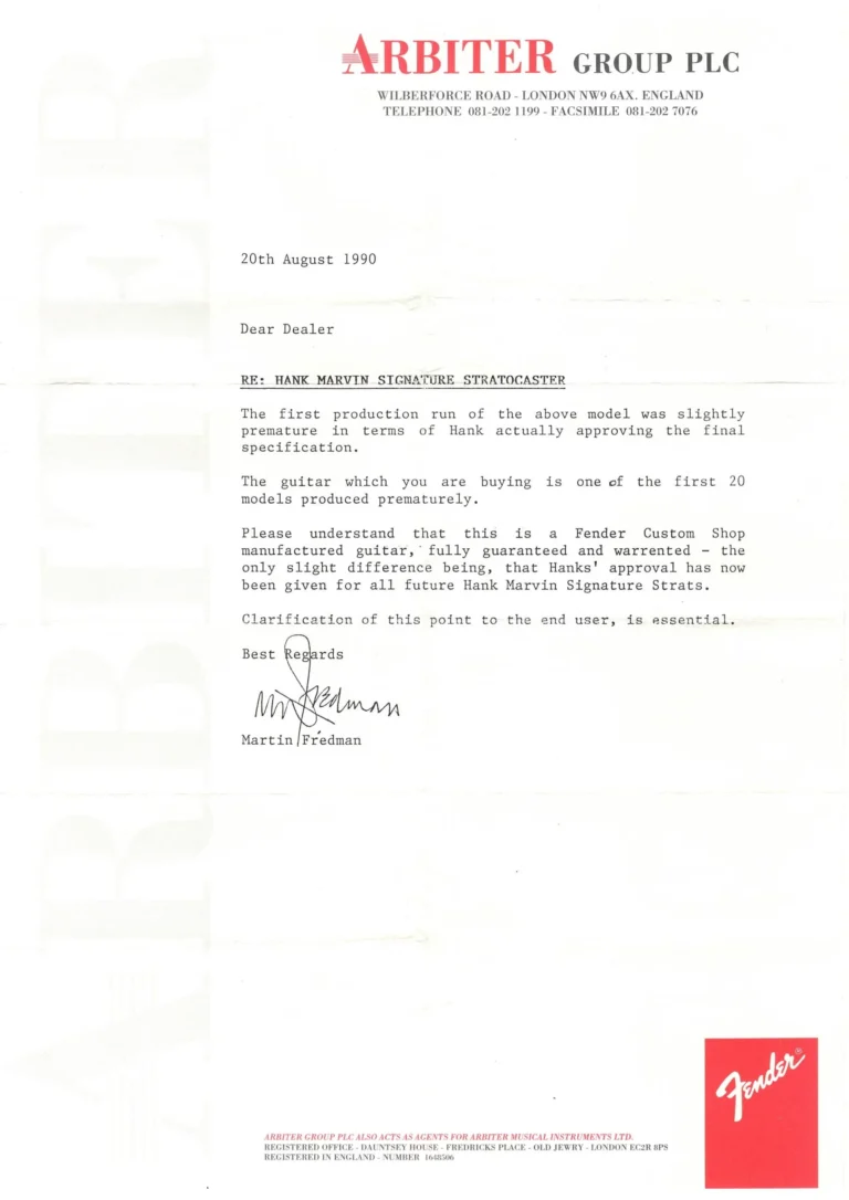Letter accompanying the guitar from UK Fender Importer, Arbiter