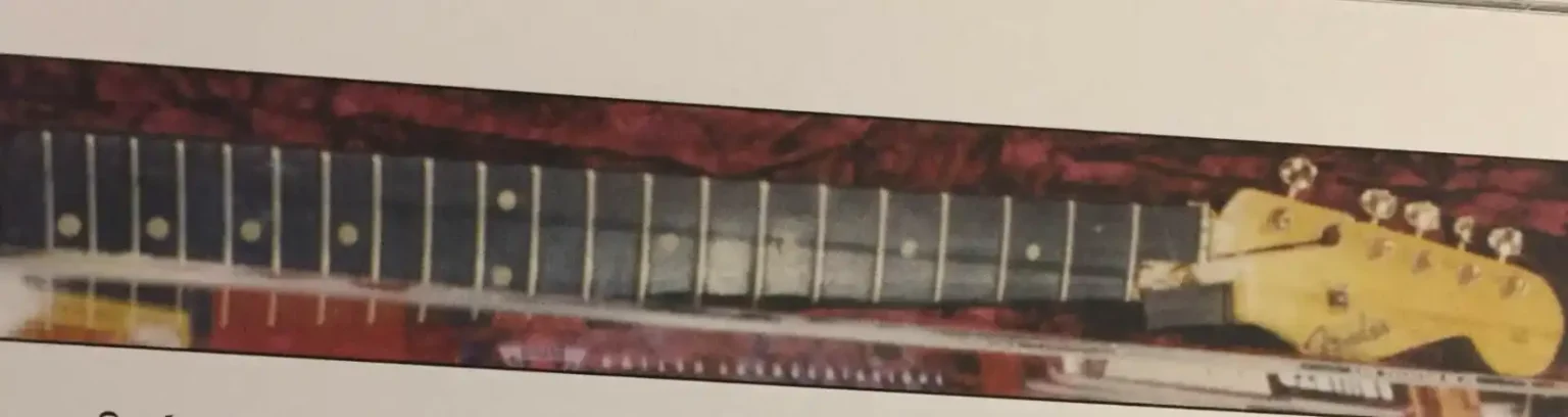 The damaged neck following the accident at the Garden State Arts Center. No cigarette burn is visible, indicating that this is not the original “Number One” neck (photo from Craig Hopkins, Stevie Ray Vaughan: Day by Day, Night After Night – His Final Years, 1983–1990)