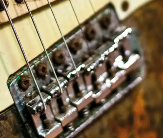 The bridge of Rory Gallagher’s Stratocaster. (Photo credit: Eleanor Jane)