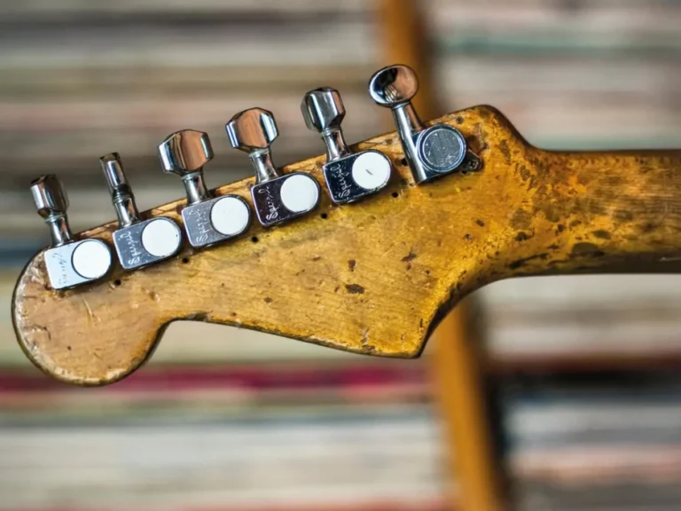 The headstock of Rory Gallagher’s Stratocaster. Note the Sperzel tuning machines and the Gotoh tuner on the low E string. (Photo credit: Eleanor Jane)