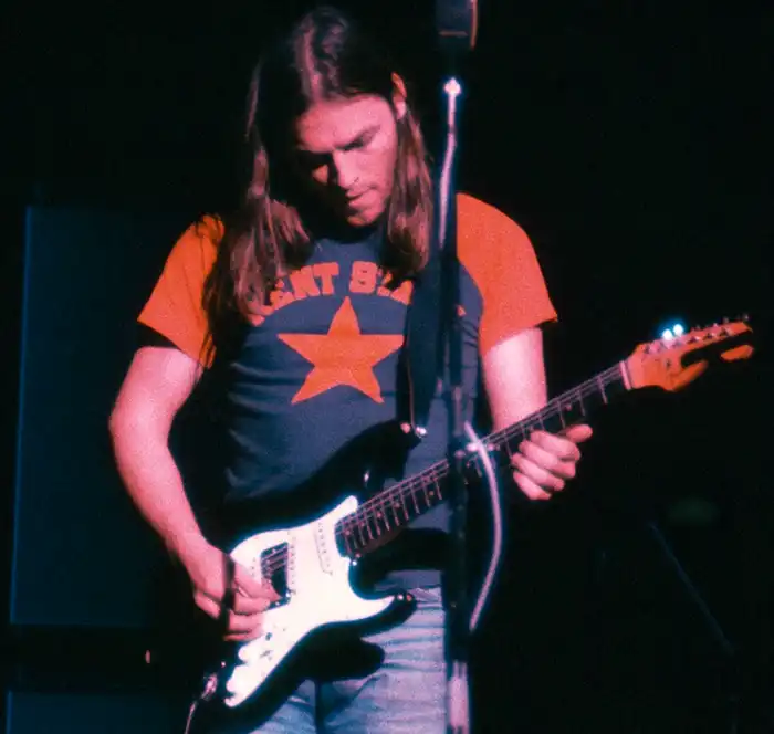 David Gilmour performing at Radio City Music Hall, New York City, on 17 March 1973, with the Black Strat fitted with a PAF humbucker.