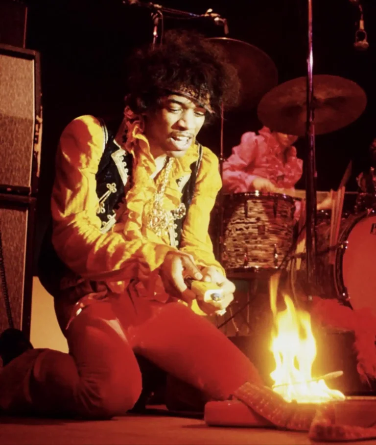 Jimi Hendrix burning the sacrificed Stratocaster at the Monterey Pop Festival