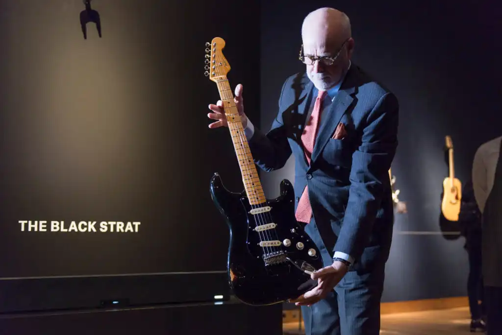 Kerry Keane from Christie’s unveils The Black Strat to the media