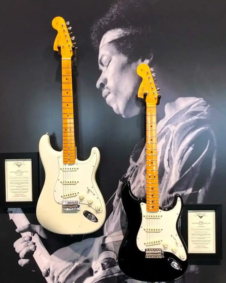 The Fender booth at the 2018 NAMM Show, with two Jimi Hendrix Voodoo Child Stratocasters displayed on the wall