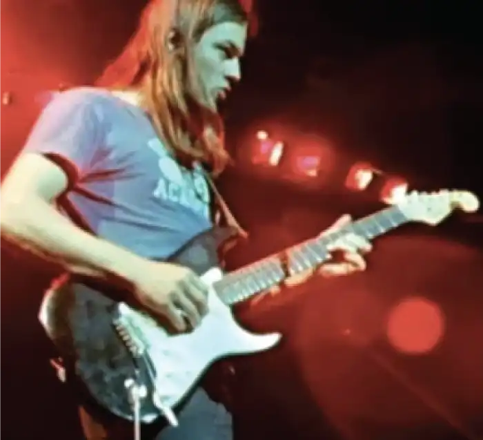 The Black Strat fitted with its new rosewood-fingerboard neck. Pink Floyd live at the Dome, Brighton, 1972